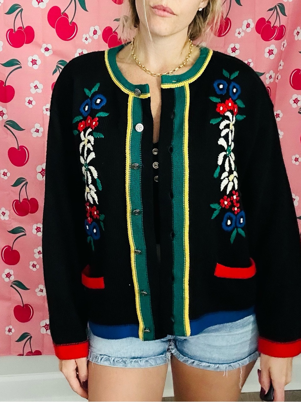 Black Floral Embroidered Cardigan with Green & Yellow Trim
